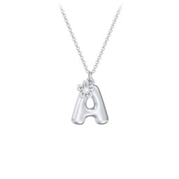 Kids Bubble Initial Necklace With Birthstone Flower in 925 Sterling Silver with Diamond
