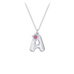 Kids Bubble Initial Necklace With Birthstone Flower in 925 Sterling Silver with Ruby