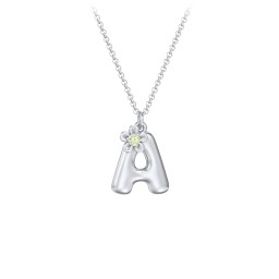 Kids Bubble Initial Necklace With Birthstone Flower in 925 Sterling Silver with Peridot