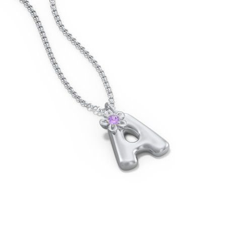 Kids Bubble Initial Necklace With Birthstone Flower – Sterling Silver with Amethyst