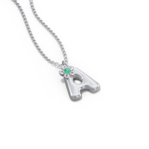 Kids Bubble Initial Necklace With Birthstone Flower – Sterling Silver with Emerald