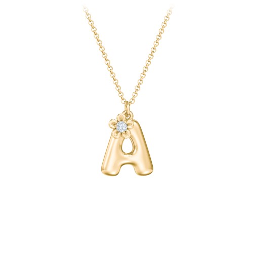 Kids Bubble Initial Necklace With Birthstone Flower – 10K Yellow Gold with Aquamarine
