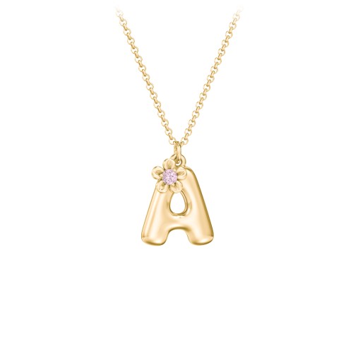 Kids Bubble Initial Necklace With Birthstone Flower – 10K Yellow Gold with Pink Tourmaline