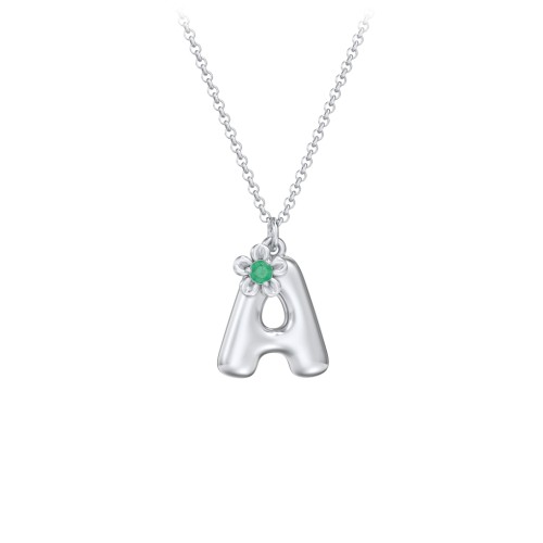 Kids Bubble Initial Necklace With Birthstone Flower – Sterling Silver with Emerald