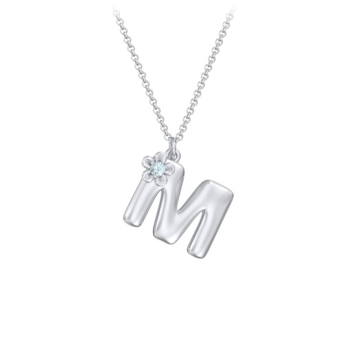 Kids Bubble Initial Necklace With Birthstone Flower – Sterling Silver with Blue Topaz