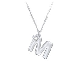 Kids Bubble Initial Necklace With Birthstone Flower in 925 Sterling Silver with Diamond