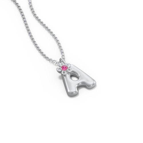 Kids Bubble Initial Necklace With Birthstone Flower – Sterling Silver with Ruby