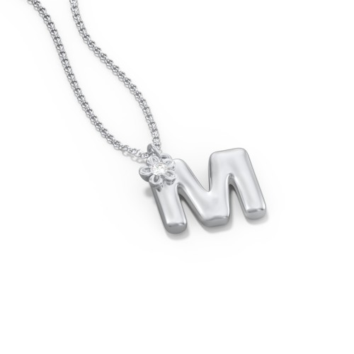 Kids Bubble Initial Necklace With Birthstone Flower – Sterling Silver with Diamond