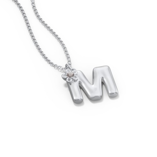 Kids Bubble Initial Necklace With Birthstone Flower – Sterling Silver with Smokey Quartz