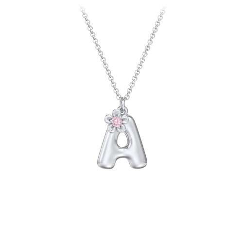 Kids Bubble Initial Necklace With Birthstone Flower – Sterling Silver with Pink Tourmaline