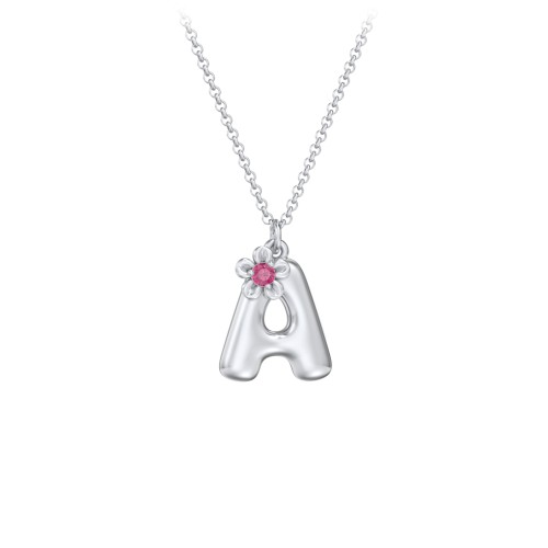 Kids Bubble Initial Necklace With Birthstone Flower – Sterling Silver with Ruby