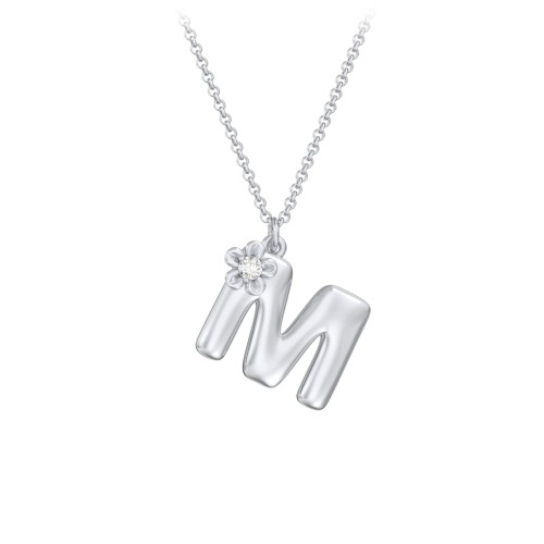 Kids Bubble Initial Necklace With Birthstone Flower – Sterling Silver with Diamond