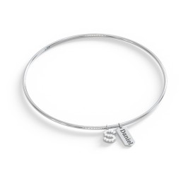 Classic Bangle with Pavé Initial and Engravable Tag Charms - S