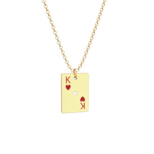 King of Hearts Playing Card Charm Necklace – 10K Yellow Gold with Cubic Zirconia