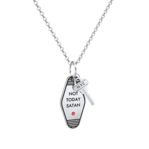 Not Today Satan Engravable Retro Keychain Charm Necklace with Accent - Black