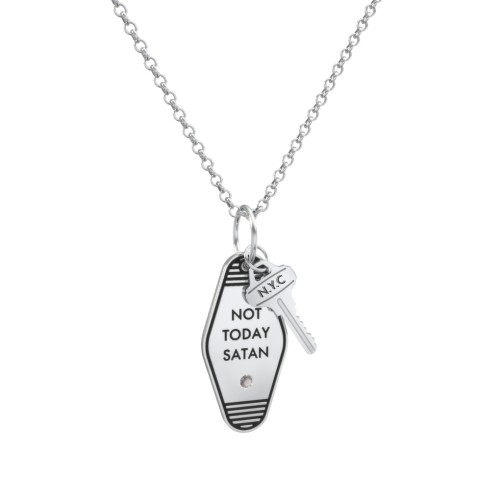 Not Today Satan Engravable Retro Keychain Charm Necklace with Accent - Black – Sterling Silver with Smokey Quartz