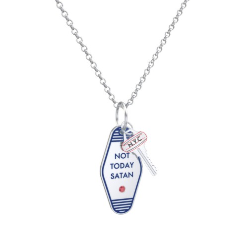 Not Today Satan Engravable Retro Keychain Charm Necklace with Accent - Blue