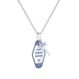 Not Today Satan Engravable Retro Keychain Charm Necklace with Accent - Blue in 925 Sterling Silver with Garnet