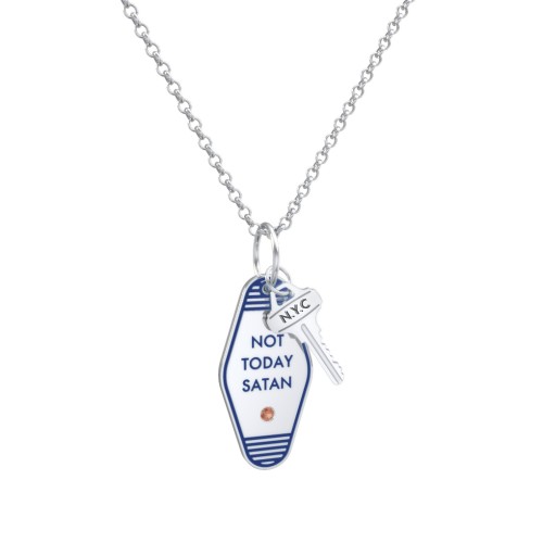Not Today Satan Engravable Retro Keychain Charm Necklace with Accent - Blue – Sterling Silver with Garnet