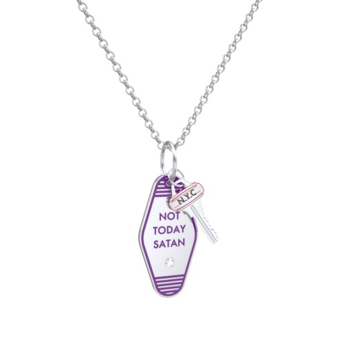 Not Today Satan Engravable Retro Keychain Charm Necklace with Accent - Purple – Sterling Silver with Cubic Zirconia