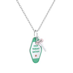 Not Today Satan Engravable Retro Keychain Charm Necklace with Accent - Green in 925 Sterling Silver with Garnet