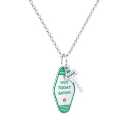 Not Today Satan Engravable Retro Keychain Charm Necklace with Accent - Green in 925 Sterling Silver with Garnet