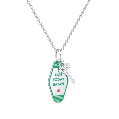 Not Today Satan Engravable Retro Keychain Charm Necklace with Accent - Green – Sterling Silver with Garnet