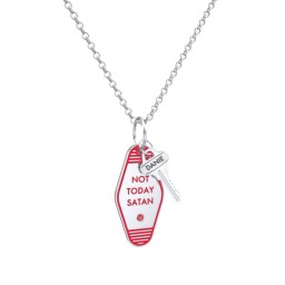 Not Today Satan Engravable Retro Keychain Charm Necklace with Accent - Red in 925 Sterling Silver with Garnet
