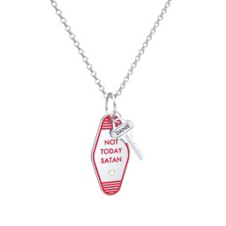 Not Today Satan Engravable Retro Keychain Charm Necklace with Accent - Red in 925 Sterling Silver with Peridot