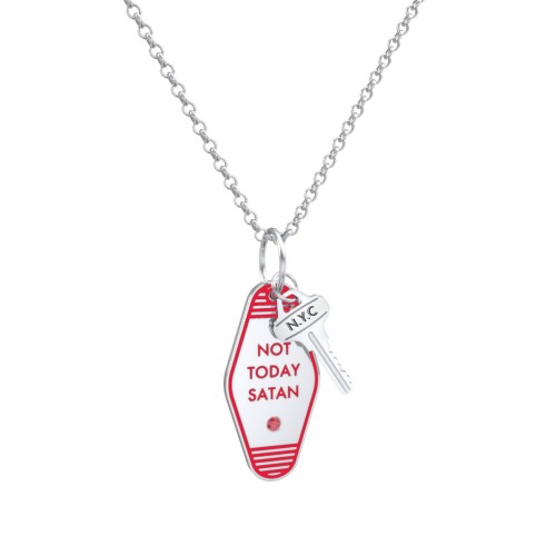 Not Today Satan Engravable Retro Keychain Charm Necklace with Accent - Red – Sterling Silver with Garnet