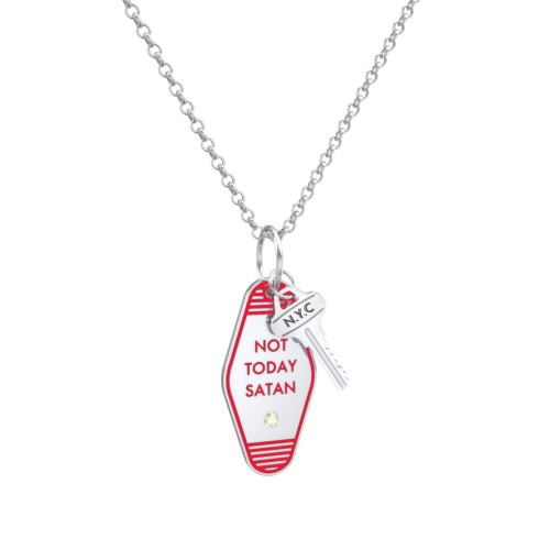 Not Today Satan Engravable Retro Keychain Charm Necklace with Accent - Red – Sterling Silver with Peridot