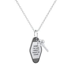 Sorry I'm Late Engravable Retro Keychain Charm Necklace - Black