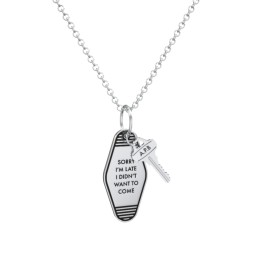 Sorry I'm Late Engravable Retro Keychain Charm Necklace - Black in 925 Sterling Silver with Cubic Zirconia