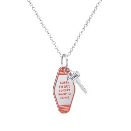 Sorry I'm Late Engravable Retro Keychain Charm Necklace - Orange in 925 Sterling Silver with Cubic Zirconia