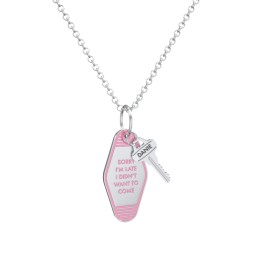 Sorry I'm Late Engravable Retro Keychain Charm Necklace - Pink in 925 Sterling Silver with Cubic Zirconia