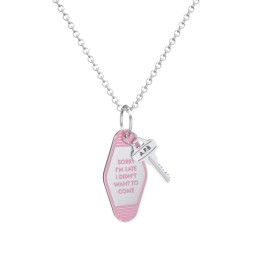 Sorry I'm Late Engravable Retro Keychain Charm Necklace - Pink in 925 Sterling Silver with Cubic Zirconia