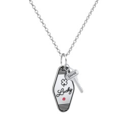 Lucky Engravable Retro Keychain Charm Necklace with Accent - Black in 925 Sterling Silver with Garnet