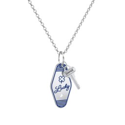 Lucky Engravable Retro Keychain Charm Necklace with Accent - Blue