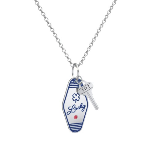 Lucky Engravable Retro Keychain Charm Necklace with Accent - Blue – Sterling Silver with Garnet