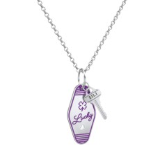 Lucky Engravable Retro Keychain Charm Necklace with Accent - Purple – Sterling Silver with Cubic Zirconia