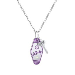 Lucky Engravable Retro Keychain Charm Necklace with Accent - Purple in 925 Sterling Silver with Peridot