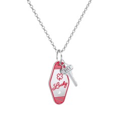 Lucky Engravable Retro Keychain Charm Necklace with Accent - Red – Sterling Silver with Cubic Zirconia