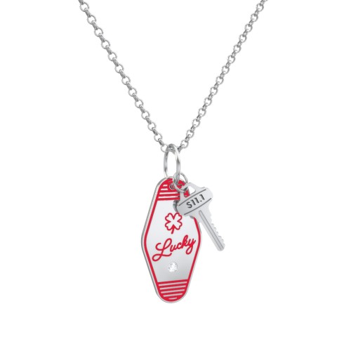 Lucky Engravable Retro Keychain Charm Necklace with Accent - Red – Sterling Silver with Cubic Zirconia