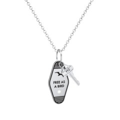 Free As A Bird Engravable Retro Keychain Charm Necklace with Accent - Black – Sterling Silver with Cubic Zirconia