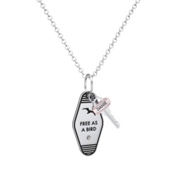 Free As A Bird Engravable Retro Keychain Charm Necklace with Accent - Black in 925 Sterling Silver with Smokey Quartz