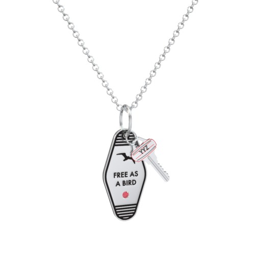 Free As A Bird Engravable Retro Keychain Charm Necklace with Accent - Black – Sterling Silver with Garnet