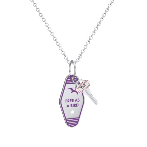 Free As A Bird Engravable Retro Keychain Charm Necklace with Accent - Purple