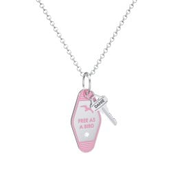 Free As A Bird Engravable Retro Keychain Charm Necklace with Accent - Pink
