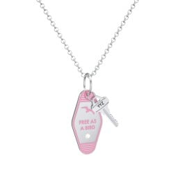Free As A Bird Engravable Retro Keychain Charm Necklace with Accent - Pink