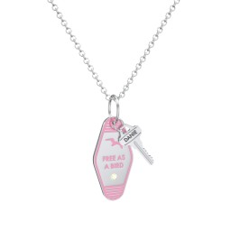 Free As A Bird Engravable Retro Keychain Charm Necklace with Accent - Pink in 925 Sterling Silver with Peridot